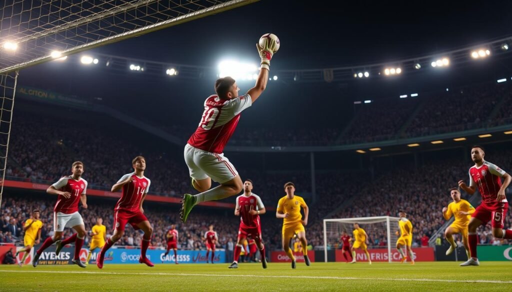 A tense football match, the Garuda team in red and white jerseys battling the Socceroos in gold. The scene captures the agility and determination of the goalkeeper, Ernando, as he leaps to make a crucial save, his muscular frame silhouetted against the floodlit stadium. The crowd's roar echoes in the background, the air charged with anticipation. Dramatic shadows and highlights emphasize the high-stakes drama unfolding on the pitch, a testament to the team's heroic efforts against their formidable opponents. A tense football match, the Garuda team in red and white jerseys battling the Socceroos in gold. The scene captures the agility and determination of the goalkeeper, Ernando, as he leaps to make a crucial save, his muscular frame silhouetted against the floodlit stadium. The crowd's roar echoes in the background, the air charged with anticipation. Dramatic shadows and highlights emphasize the high-stakes drama unfolding on the pitch, a testament to the team's heroic efforts against their formidable opponents.