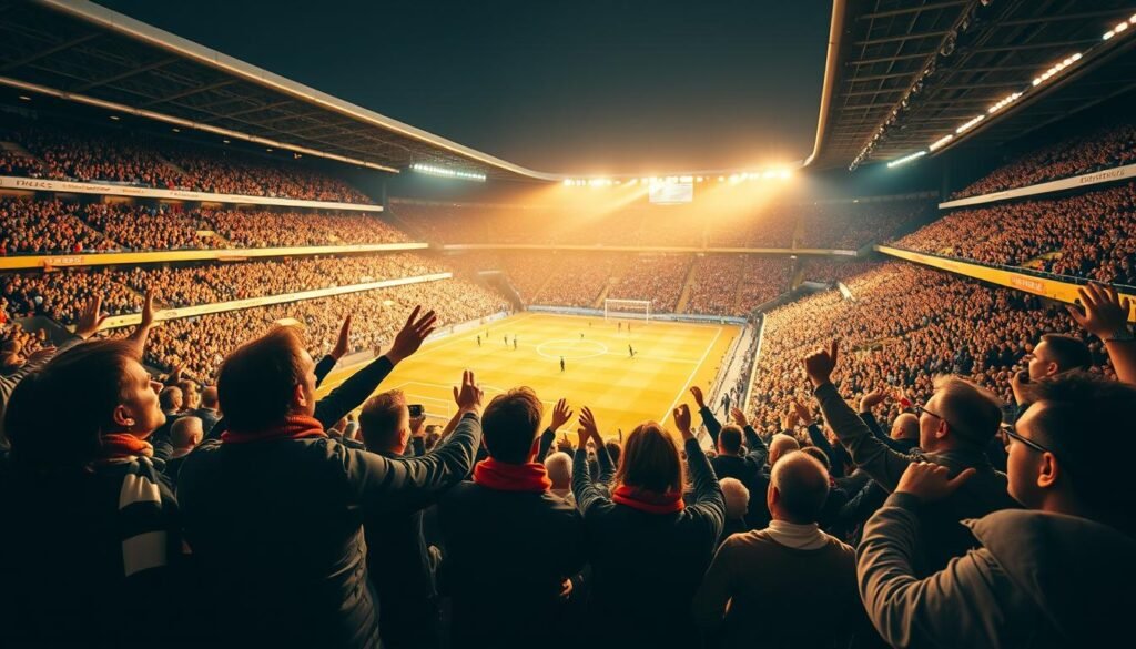 A vast football stadium, the stands filled with enthusiastic fans, their faces alight with excitement. In the foreground, a group of dedicated supporters, their scarves and jerseys adorned with the team's colors, cheering passionately. The middle ground reveals the pitch, where the players engage in a thrilling match, their movements captured in a dynamic blur. The background is bathed in a warm, golden light, casting a sense of energy and anticipation over the entire scene. The composition is balanced, with a strong emphasis on the fans, their unwavering dedication, and the unity they share in supporting their beloved team. A vast football stadium, the stands filled with enthusiastic fans, their faces alight with excitement. In the foreground, a group of dedicated supporters, their scarves and jerseys adorned with the team's colors, cheering passionately. The middle ground reveals the pitch, where the players engage in a thrilling match, their movements captured in a dynamic blur. The background is bathed in a warm, golden light, casting a sense of energy and anticipation over the entire scene. The composition is balanced, with a strong emphasis on the fans, their unwavering dedication, and the unity they share in supporting their beloved team.