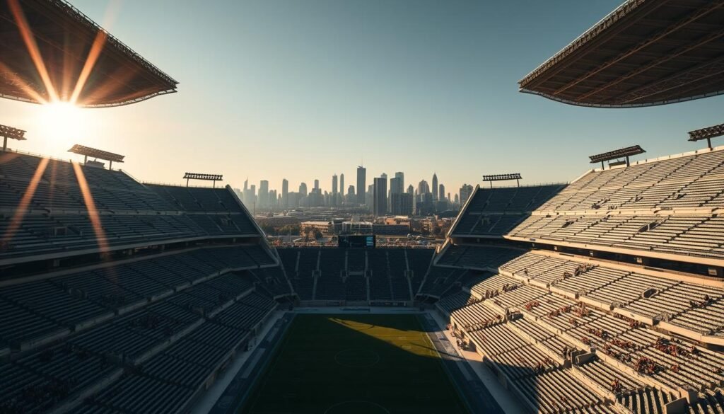 A vast, open-air stadium stands tall, its grandstand seats cascading like waves of concrete and steel. The sun casts long, dramatic shadows, accentuating the architectural lines and creating a sense of scale and grandeur. In the distance, the city skyline emerges, a backdrop of modern skyscrapers and historic structures, hinting at the wider context of this sporting arena. The image conveys a feeling of anticipation and excitement, as if the stadium is awaiting the arrival of passionate fans, ready to cheer on their beloved team. The lighting is crisp and cinematic, capturing the essence of a pivotal moment in a journey filled with sacrifice and devotion. A vast, open-air stadium stands tall, its grandstand seats cascading like waves of concrete and steel. The sun casts long, dramatic shadows, accentuating the architectural lines and creating a sense of scale and grandeur. In the distance, the city skyline emerges, a backdrop of modern skyscrapers and historic structures, hinting at the wider context of this sporting arena. The image conveys a feeling of anticipation and excitement, as if the stadium is awaiting the arrival of passionate fans, ready to cheer on their beloved team. The lighting is crisp and cinematic, capturing the essence of a pivotal moment in a journey filled with sacrifice and devotion.