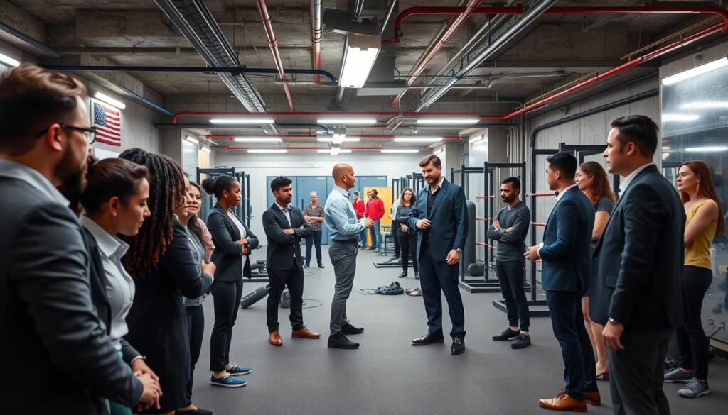 A vibrant underground training facility with people engaged in various activities, showcasing the benefits of community training programs. In the foreground, a diverse group of individuals in professional business attire are participating in a teamwork exercise, displaying focus and collaboration. In the middle ground, coaches guide participants through different training modules, emphasizing skill development and community growth. The background features modern training equipment and bright LED lights illuminating the space, creating an energetic atmosphere. The overall mood is one of motivation and empowerment, highlighting the positive impact of community training initiatives. Capture this scene with a wide-angle lens, allowing for depth and detailing in the environment, while ensuring a bright and welcoming ambiance.