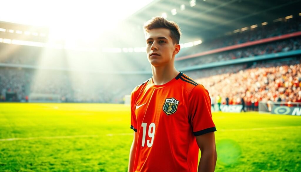 A young footballer, 19 years old, standing confidently on a lush, verdant pitch, clad in a vibrant team jersey. Sunlight streams down, casting a warm, golden glow over his determined expression as he surveys the field, ready to make his mark. In the background, a packed stadium stands in anticipation, the roar of the crowd palpable. The scene exudes a sense of potential, a moment of triumph in the making, capturing the essence of a rising star about to seize his opportunity on the European stage.
