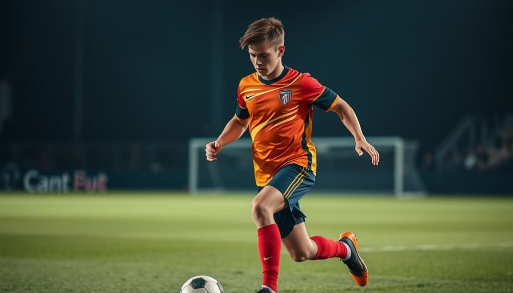 A young, skilled midfielder orchestrating the play on a well-lit soccer field. Wearing a vibrant team jersey, he scans the pitch with laser-like focus, ready to deliver pin-point accurate passes to the forwards. His nimble footwork and keen spatial awareness allow him to maintain control of the ball, weaving through opponents and creating scoring opportunities. The background is slightly blurred, emphasizing the central figure and the game's fast-paced intensity. Dramatic lighting casts deep shadows, highlighting the player's determined expression as he drives the team forward with his dynamic midfield play.