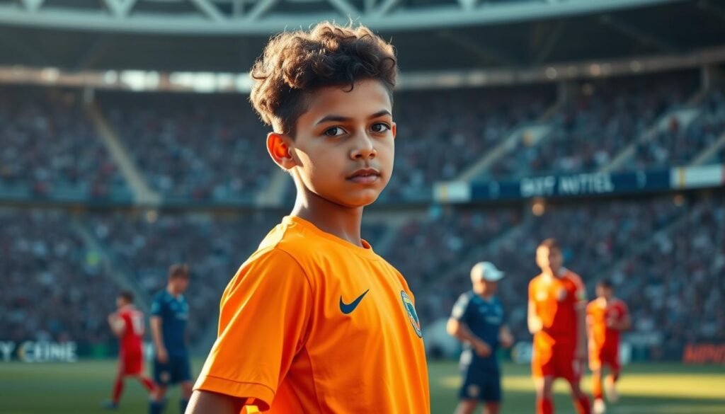 A youthful soccer player, full of energy and potential, stands confidently on the field. Warm natural lighting illuminates their determined expression, their uniform a bold, vibrant hue. In the middle ground, the blurred forms of teammates and coaches provide a sense of the dynamic team dynamic. The background subtly suggests the stadium setting, with its towering stands and spectator excitement. This image conveys the impact a talented, 19-year-old player can have, both for their club and national team, as they strategically maximize their abilities and emerge as a decisive factor in crucial matches.