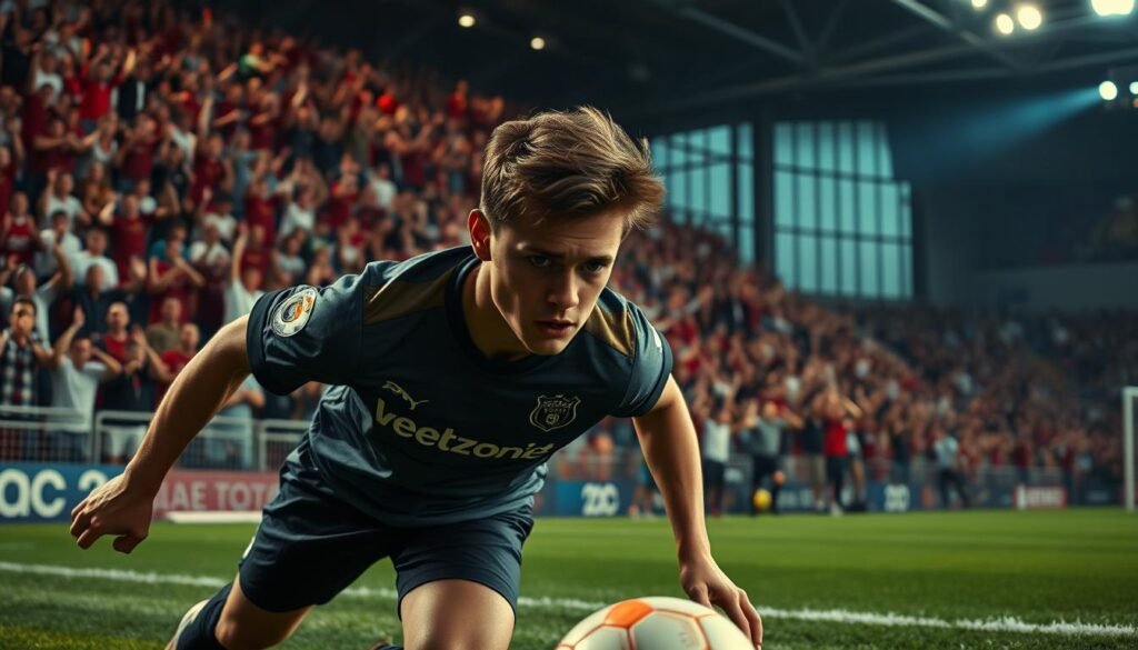 An intense, cinematic scene of the final minutes of a crucial football match. The stadium is electric with tension, as the crowd holds their breath, desperately willing their team to score the winning goal. In the foreground, a young striker, his face etched with determination, surges forward, the ball at his feet. The lighting is dramatic, casting long shadows and highlighting the intensity of the moment. The background is a blur of color and movement, the stands filled with passionate fans, their arms raised in anticipation. The camera angle is low, putting the viewer right in the heart of the action, capturing the raw emotion and high stakes of this pivotal game-deciding moment.