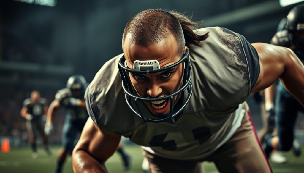 An intense close-up of a football player in mid-attack, their face determined and focused as they lean forward, muscles taut and ready to explode into motion. The background is a blur of motion, suggesting the chaos and intensity of the game. Dramatic lighting casts dramatic shadows, highlighting the player's features and the tension in their body. The camera angle is low, creating a sense of power and dynamism. The overall mood is one of raw, unbridled energy and the thrill of the chase. An intense close-up of a football player in mid-attack, their face determined and focused as they lean forward, muscles taut and ready to explode into motion. The background is a blur of motion, suggesting the chaos and intensity of the game. Dramatic lighting casts dramatic shadows, highlighting the player's features and the tension in their body. The camera angle is low, creating a sense of power and dynamism. The overall mood is one of raw, unbridled energy and the thrill of the chase.