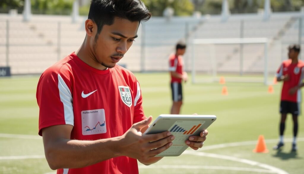 A dynamic portrayal of a key player from the Indonesian U-23 national football team analyzing performance metrics after a match. In the foreground, the player, wearing a vibrant red and white jersey, is focused on a digital tablet displaying statistics and graphs. His expression reflects determination and concentration. In the middle ground, a soccer field can be seen, with training equipment and cones, hinting at the post-match analysis. In the background, subtle silhouettes of teammates engaged in discussion create a collaborative atmosphere. The lighting is bright and natural, suggesting an outdoor setting during the day. The angle is slightly elevated to capture both the player and the surrounding environment, fostering a sense of teamwork and strategy in preparation for the SEA Games 2025 semifinal.