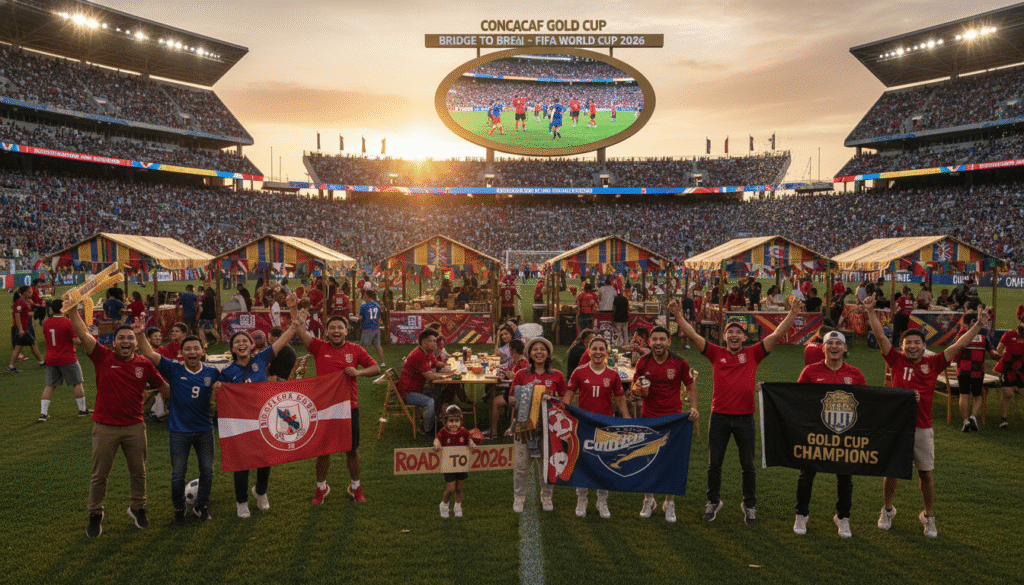A dynamic scene depicting the excitement and anticipation of a soccer fan gathering in a vibrant stadium setting, celebrating the Gold Cup as a prelude to the 2026 World Cup. In the foreground, enthusiastic fans wearing national team jerseys hold flags, their faces filled with passion and joy. In the middle ground, a colorful array of food stalls and decorations representing various cultures can be seen, with children playing and families enjoying the festive atmosphere. In the background, a large, energetic crowd gathers around a giant screen broadcasting classic moments from previous Gold Cups. The lighting captures a golden sunset, casting warm hues over the scene, while the angle is slightly elevated to showcase the scale of the event, creating an engaging and lively mood of unity and competition.