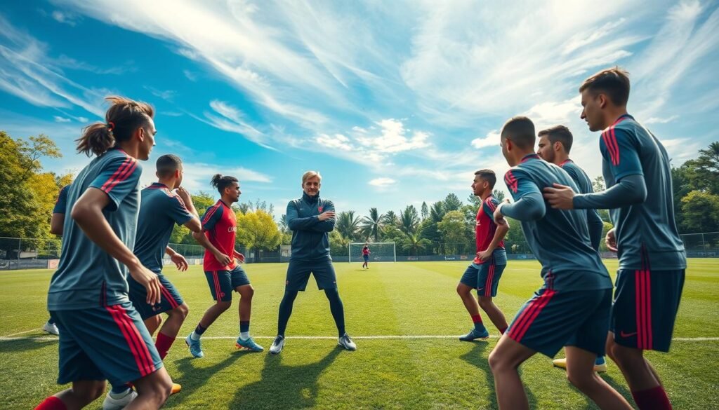 A dynamic scene of a professional soccer training session, focusing on the "teknik pressing efektif" used by a team inspired by Jürgen Klopp's tactics. In the foreground, a diverse group of players in professional soccer kits are energetically practicing coordinated pressing techniques, showcasing determined expressions and precise movements. The middle ground features a coach, demonstrating the strategy with animated gestures, inspiring the players while wearing a tactical jacket. In the background, a soccer field surrounded by lush greenery under a vivid blue sky with soft sunlight pouring in, creating an uplifting and focused atmosphere. The image captures the intensity and teamwork involved in effective pressing, emphasizing athleticism, motion, and strategic training. The angle showcases both the players' actions and the coaching interaction, highlighting the impactful essence of Klopp's philosophy in soccer.
