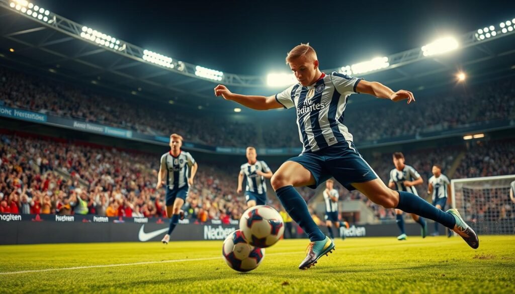A dynamic soccer scene showcasing the ideal characteristics of a pressing player in action. Foreground features an intense player in professional sports attire, showcasing determination and focus, executing a swift tackle on an opposing player. The middle ground displays a vibrant soccer field, with teammates supporting and moving strategically to pressure the ball. Background elements include a cheering crowd and stadium lights casting a dramatic glow, enhancing the intensity of the moment. The atmosphere is charged with energy and urgency, highlighting teamwork and tactical prowess. The image should be illuminated with bright, dynamic lighting to emphasize the player's athletic build and the vibrant green of the field, shot from a low angle to capture the action up close.