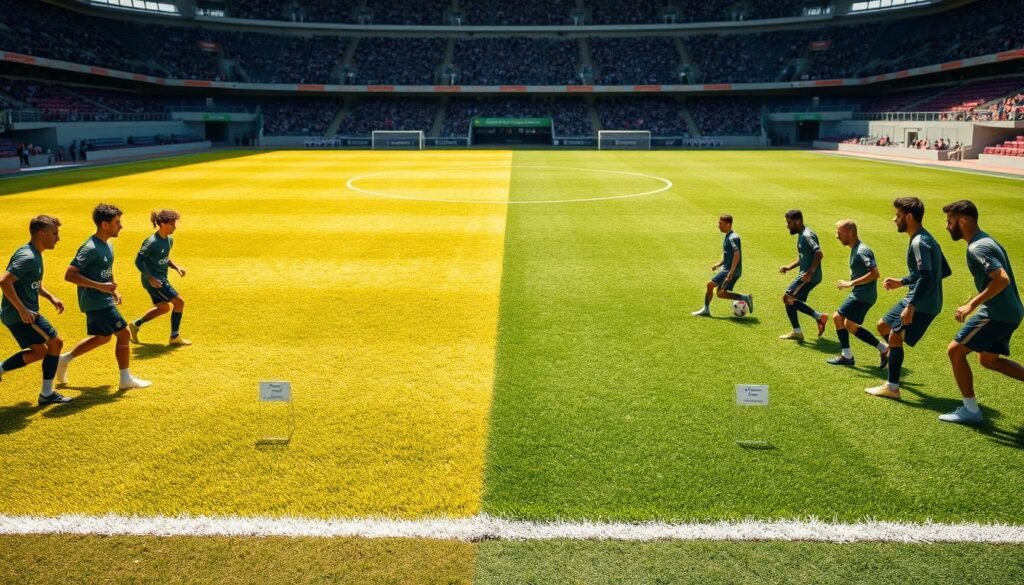 A professional soccer field featuring natural grass and artificial turf, split down the center to illustrate the adaptation strategies of players in different environments. In the foreground, a group of athletes in training gear, showcasing diverse backgrounds, performing drills to adapt to the different playing surfaces. In the middle ground, the striking contrast between lush green grass and sleek turf, with small signs indicating variations in texture and performance. In the background, a stadium filled with spectators, with daylight casting warm, inviting tones across the field. The atmosphere is dynamic and focused, emphasizing the importance of adaptation in sports, with subtle motion blur to indicate movement and activity. The lighting is bright and clear, highlighting the differences in the grass and turf surfaces, while creating a sense of urgency and intensity in the training environment.