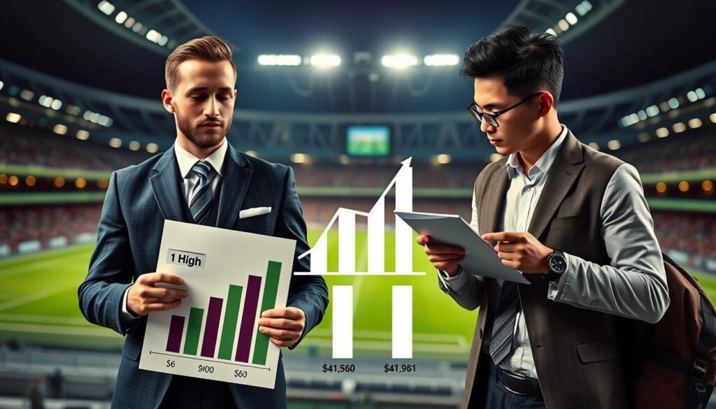 A visually engaging comparison image of foreign and local football players' salaries in a professional setting. In the foreground, depict two players: one foreign player in a sharp business suit, holding a chart showing high earnings, and one local player in smart casual attire, looking at another chart with comparatively lower earnings. In the middle, include graphics of rising and falling salary bars, symbolizing the disparity. The background should feature a football stadium, slightly blurred to emphasize the players and charts, with soft stadium lights illuminating the scene, creating a sense of seriousness and professionalism. Capturing the mood of competition and intrigue, this image should effectively convey the theme of wage disparity in football.