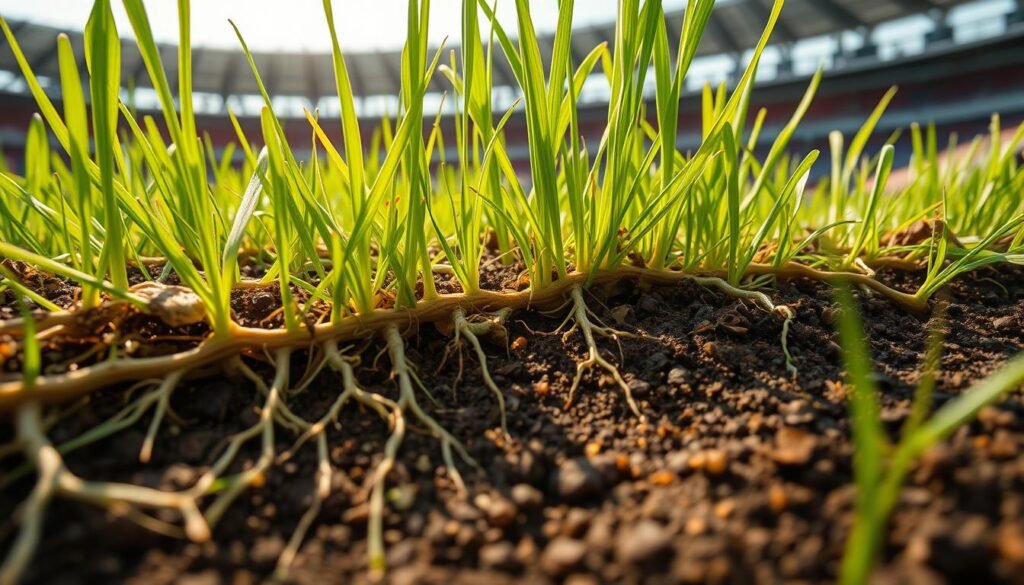 Close-up of a vibrant green natural grass football field, showcasing detailed interactions between plant roots and soil microbes. In the foreground, intricate root systems extend into rich, dark soil filled with microbial life, including tiny bacteria and fungal mycelium. The middle ground features a lush layer of grass blades waving gently in a soft breeze, highlighting healthy plant growth. The background shows a blurred outline of a football stadium, subtly implying the environment without distracting from the main focus. The scene is bathed in warm, natural sunlight, creating a serene and organic atmosphere, captured with a macro lens to emphasize the microscopic interactions.