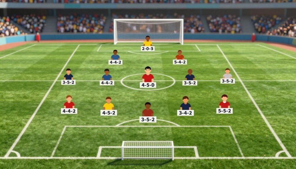 A detailed football formation diagram, showcasing player positions and their corresponding numbers. In the foreground, display an illustrative representation of a football field with clear markings for goals and boundaries. The middle ground should highlight player icons, arranged in common formations like 4-4-2 and 3-5-2, each labeled with numbers reflecting their positions. In the background, include a stadium atmosphere with blurred crowd and goalposts, creating a sense of a live match. Utilize natural daylight to illuminate the scene, emphasizing clarity of the field markers. The mood should be educational yet engaging, encouraging viewers to understand football formations visually. No text or additional elements should be present.
