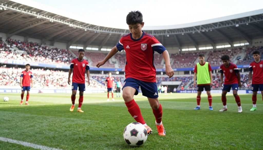 A dynamic and inspiring image of a young football "wonderkid" showcasing the criteria of exceptional talent in 2026. Foreground features a focused young athlete, wearing a national team jersey, exhibiting determination and skill during a training drill on the field, with a football at their feet. In the middle ground, teammates practice dribbling and passing, highlighting teamwork and competitive spirit. The background reveals a vibrant stadium under bright, natural lighting, with fans and banners suggesting a hopeful atmosphere. Use a wide-angle lens to capture the energy of the scene, emphasizing the player's agility and potential. The overall mood should be motivational and aspirational, embodying the excitement of a new generation of sports stars ready to shine.