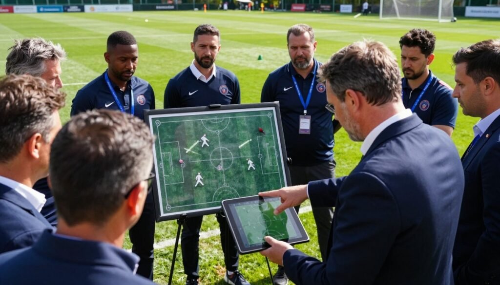 A strategic sports analysis scene capturing a diverse group of professional coaches and analysts intensely studying tactics on a football field. In the foreground, a coach in smart attire points to a digital tablet displaying intricate game formations. The middle ground shows a detailed, chalk-drawn tactical board with player positions, while in the background, a lush green football pitch is partially visible, with training cones and goal posts. The lighting is bright, emulating a sunny day, allowing for clear visibility of all elements. The scene should evoke a mood of concentration and tactical depth, illustrating the critical examination of gameplay strategies before a match. No text or symbols are present in the image.