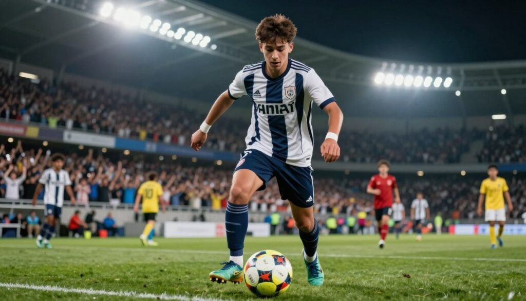 A young, talented football midfielder showcasing exceptional vision on the field. He is poised in an action-packed moment, wearing a sleek team jersey and shorts, with a focused expression reflecting his strategic mindset. In the foreground, the player is dribbling a vibrant soccer ball, while his strong posture conveys confidence and skill. The middle ground captures an energetic crowd of fans in the stands, creating an electrifying atmosphere. In the background, a stadium illuminated by bright floodlights sets the scene for an exciting match. The lighting is dynamic, casting dramatic shadows and highlights on the player's face, while a shallow depth of field emphasizes his intense concentration. The overall mood is vibrant, showcasing the excitement of youth in sports.